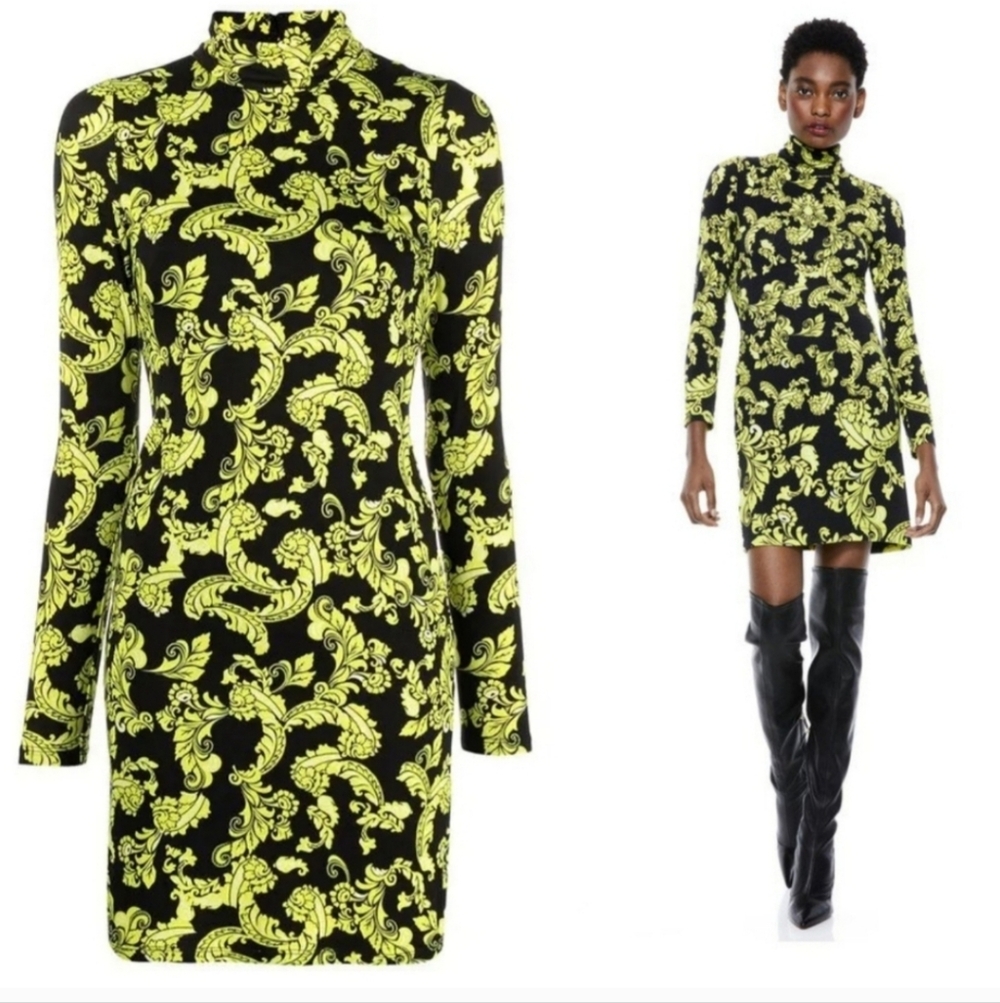 Alice + Olivia Black and Neon Yellow Baroque Mini Dress